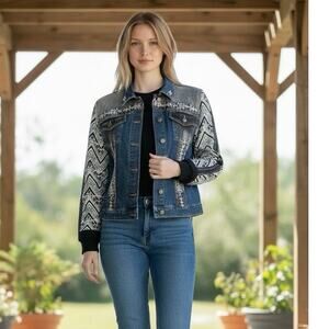 Reba Western Denim Jacket | Embroidered Aztec Sleeve Jean Jacket | Size Medium